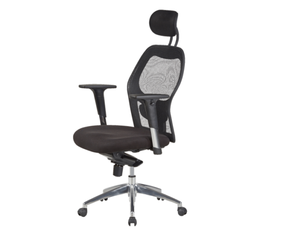 Fauteuil président avec tetiere, dossier en mesh , tissu noir piétement chromé avec accoudoirs & roulettes